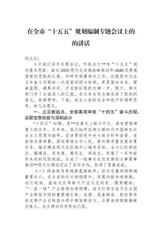 在全市“十五五”规划编制专题会议上的的讲话