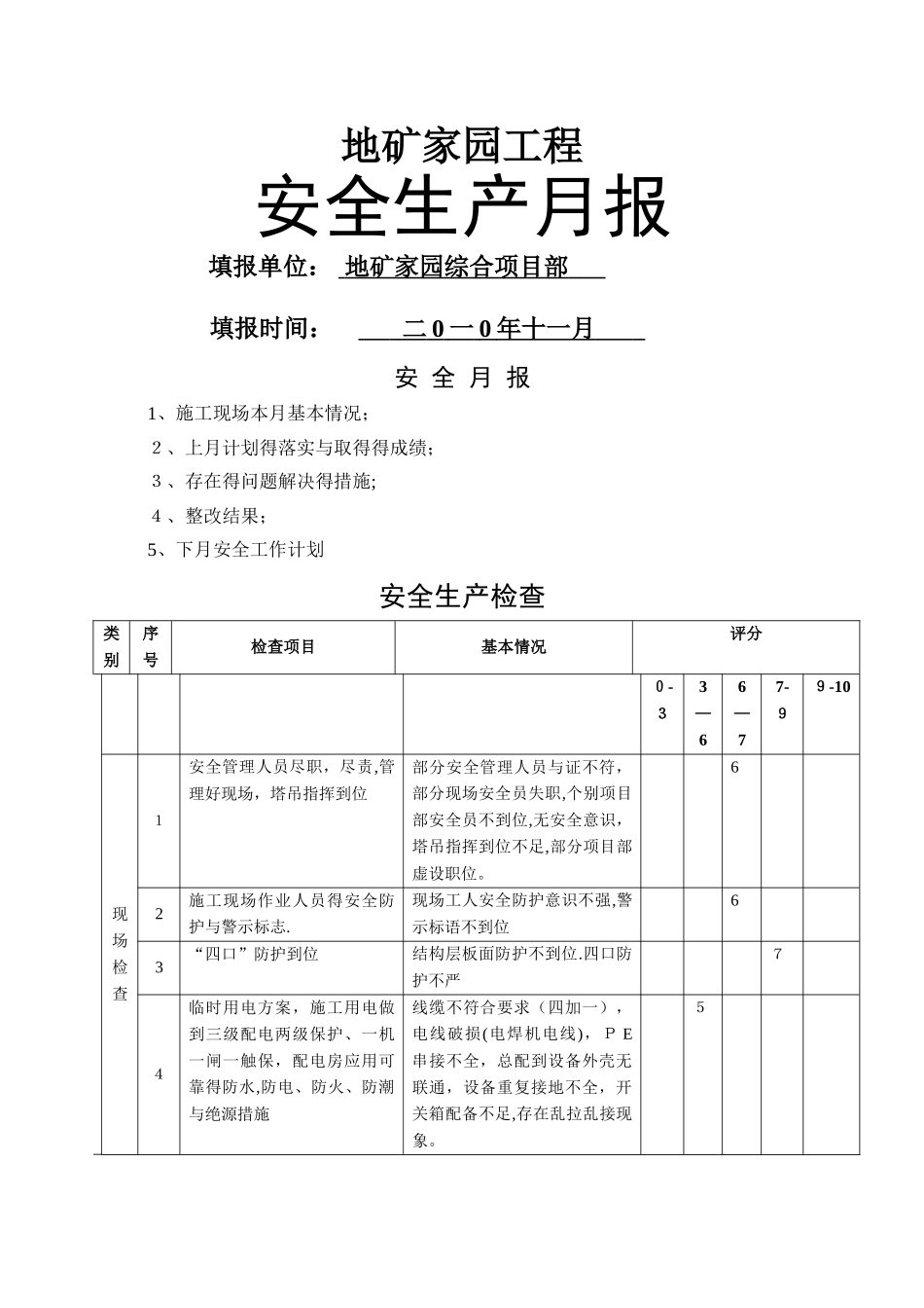 施工安全月报_第1页