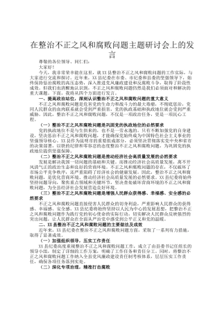 在整治不正之风和腐败问题主题研讨会上的发言