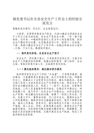 镇党委书记在全县安全生产工作会上的经验交流发言