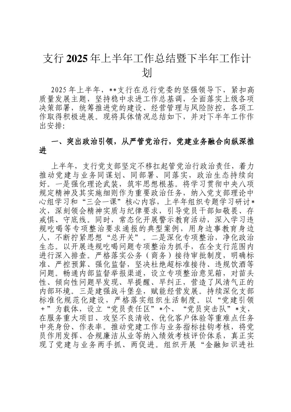 支行2025年上半年工作总结暨下半年工作计划_第1页