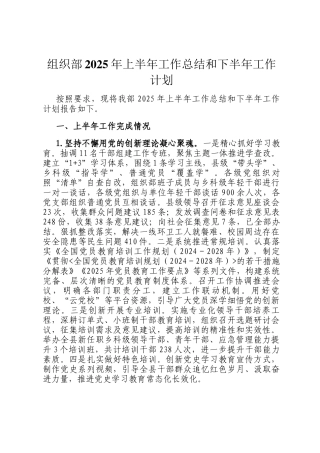 组织部2025年上半年工作总结和下半年工作计划