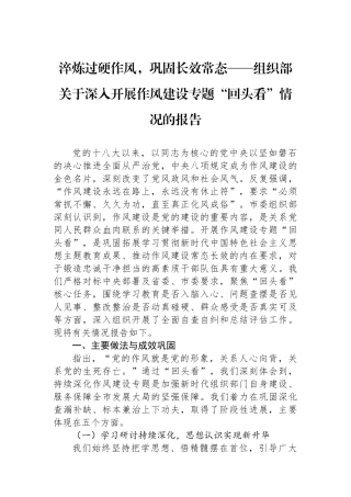 组织部关于深入开展作风建设专题回头看情况的报告