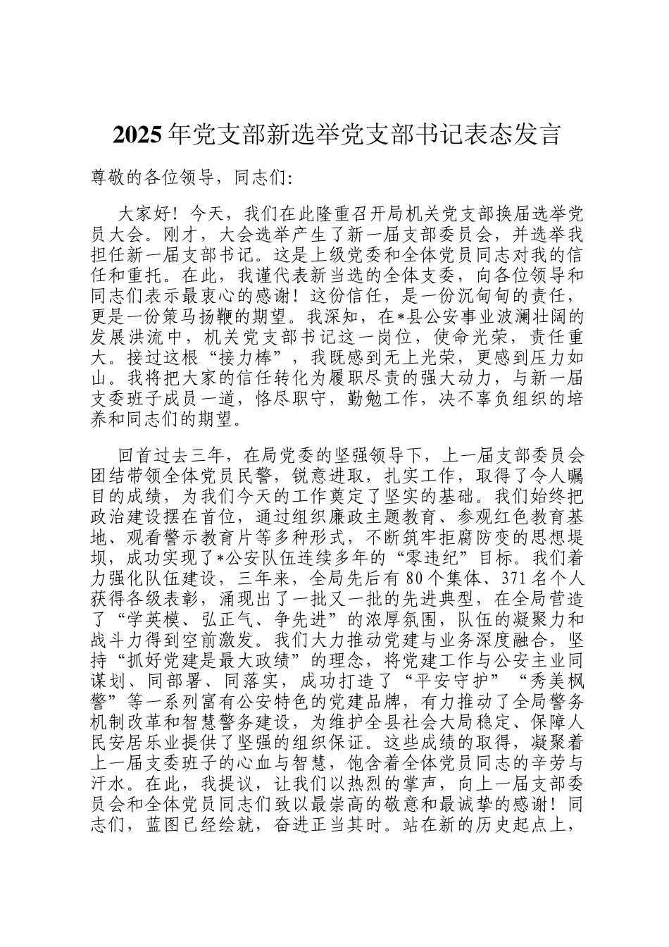 2025年党支部新选举党支部书记表态发言_第1页
