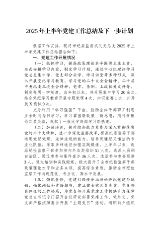2025年上半年党建工作总结及下一步计划