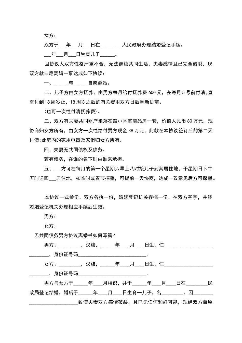 无共同债务男方协议离婚书如何写_第3页