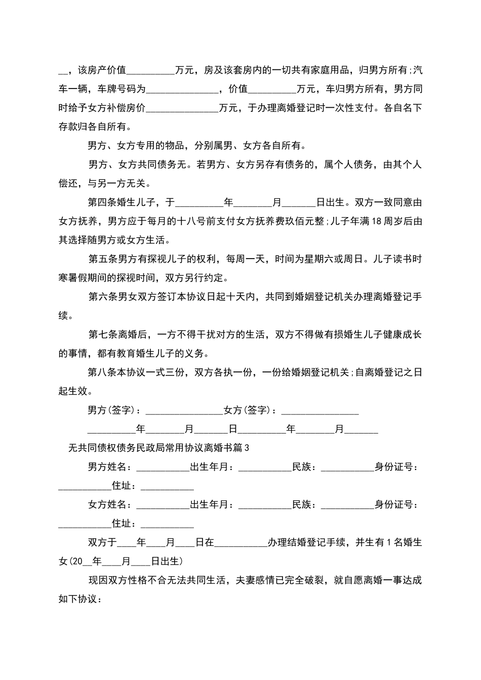 无共同债权债务民政局常用协议离婚书_第3页