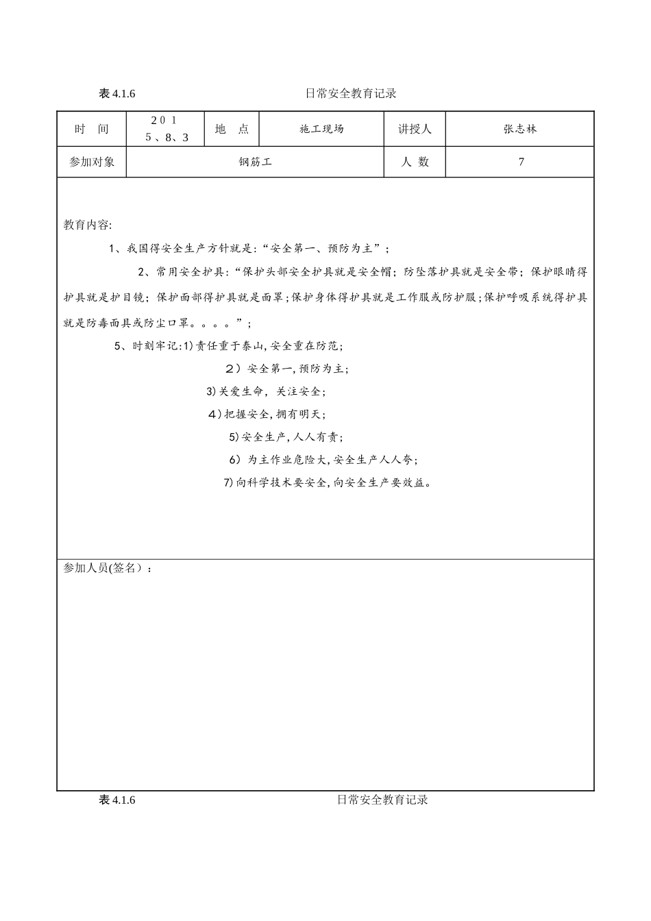 日常安全教育记录-钢筋工_第1页