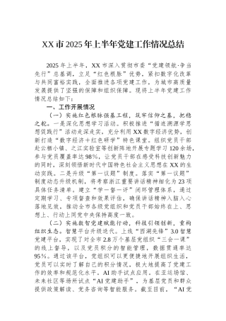 XX市2025年上半年党建工作情况总结