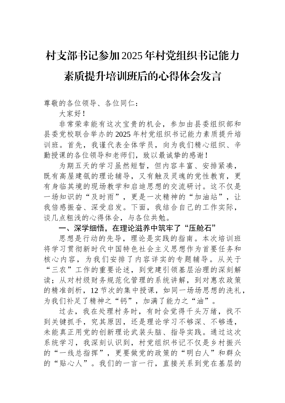 村支部书记参加2025年村党组织书记能力素质提升培训班后的心得体会发言_第1页