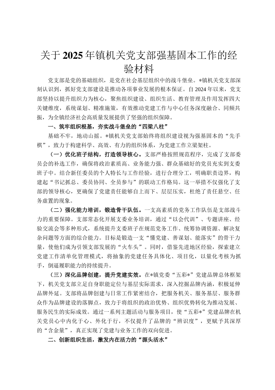 关于2025年镇机关党支部强基固本工作的经验材料_第1页