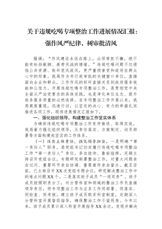 关于违规吃喝专项整治工作进展情况汇报：强作风严纪律，树审批清风