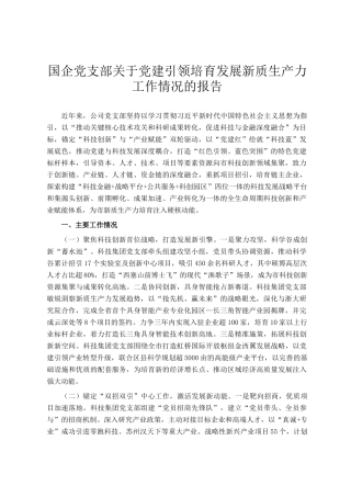 国企党支部关于党建引领培育发展新质生产力工作情况的报告