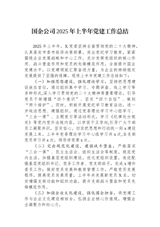 国企公司2025年上半年党建工作总结