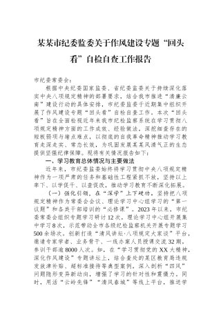 某某市纪委监委关于作风建设专题回头看自检自查工作报告