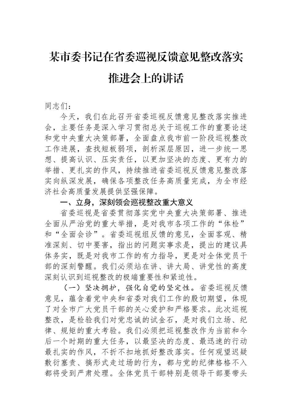某市委书记在省委巡视反馈意见整改落实推进会上的讲话_第1页