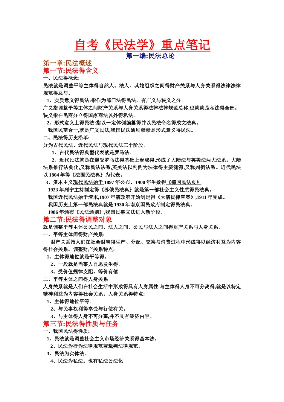 最详尽自考笔记—00242民法学自考笔记_第1页