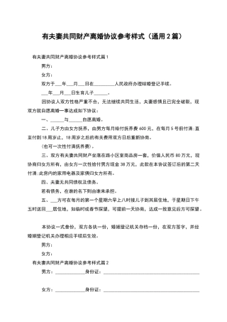 有夫妻共同财产离婚协议参考样式