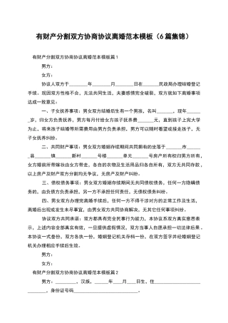 有财产分割双方协商协议离婚范本模板(6篇集锦)