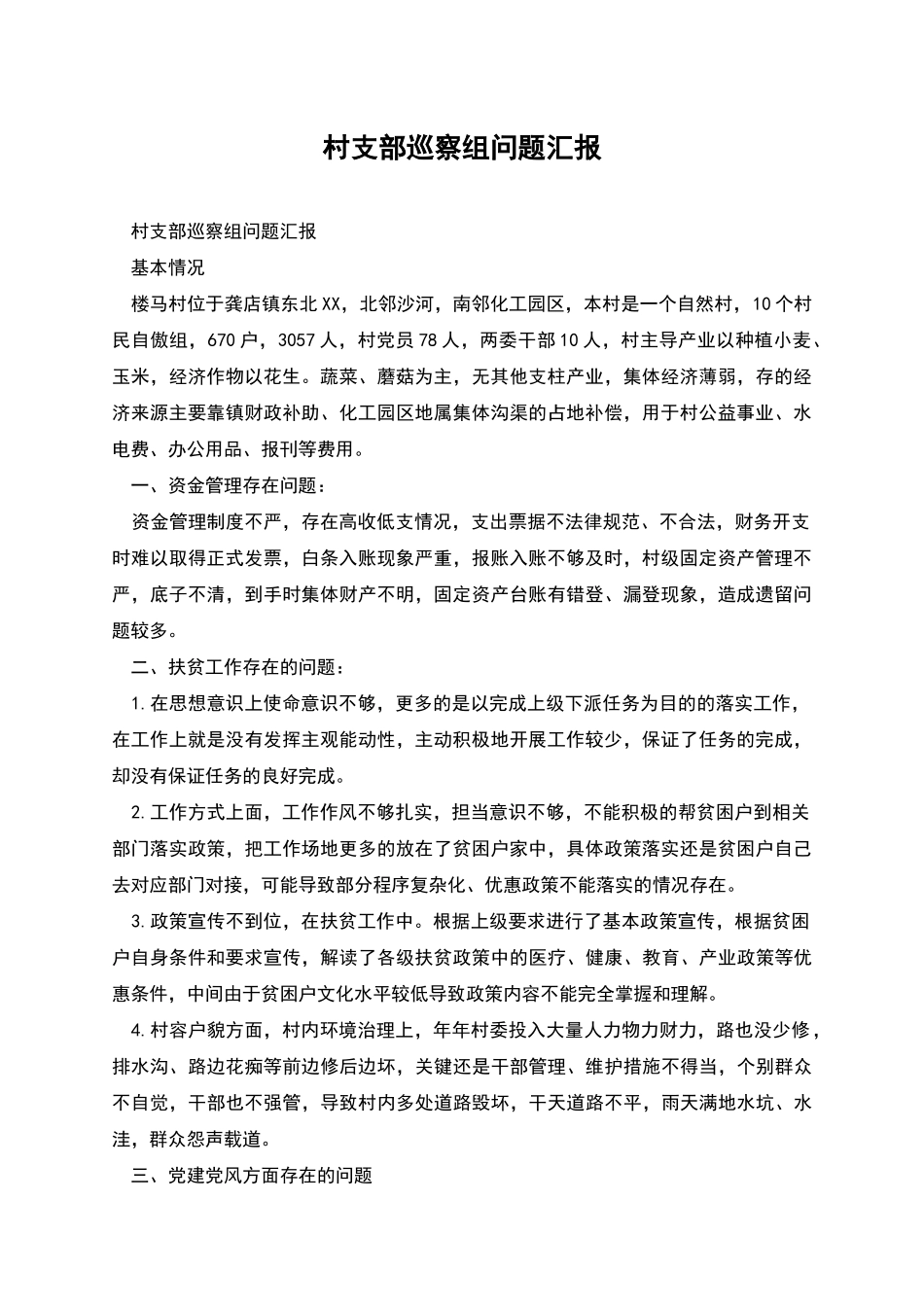 村支部巡察组问题汇报_第1页