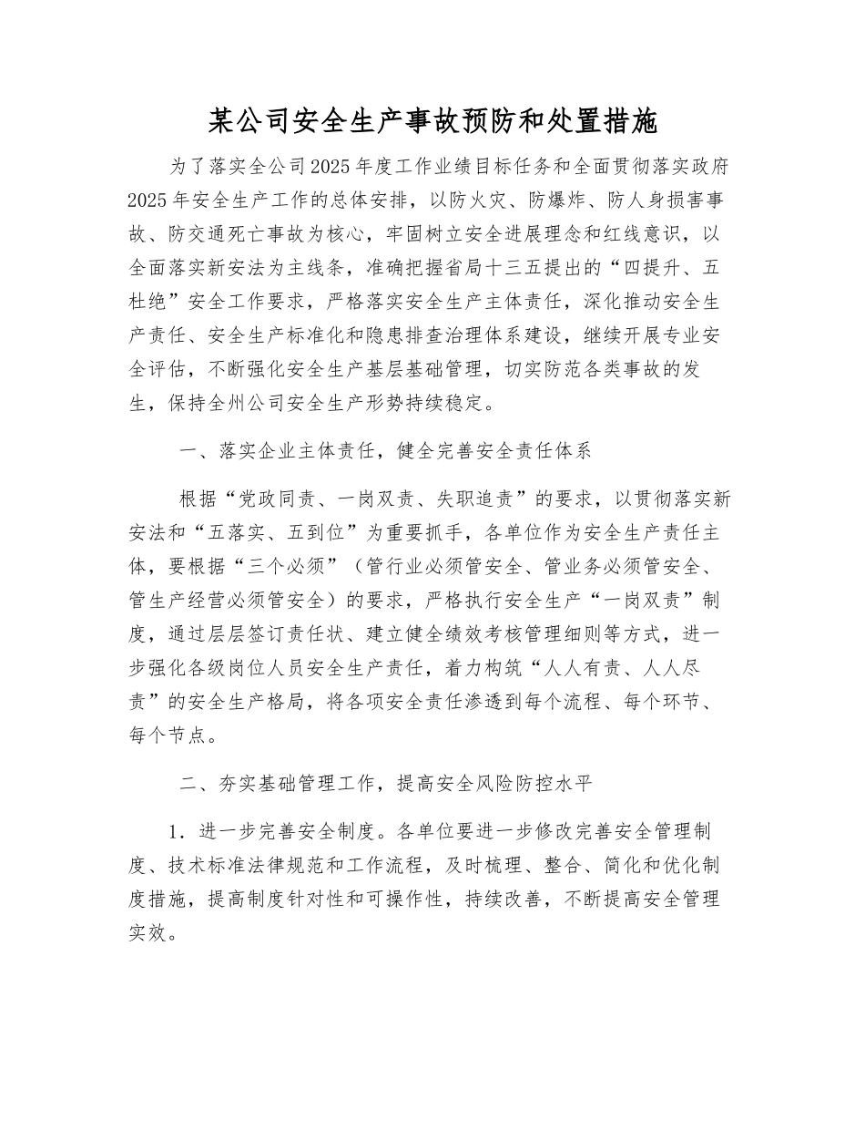 某公司安全生产事故预防和处置措施_第1页