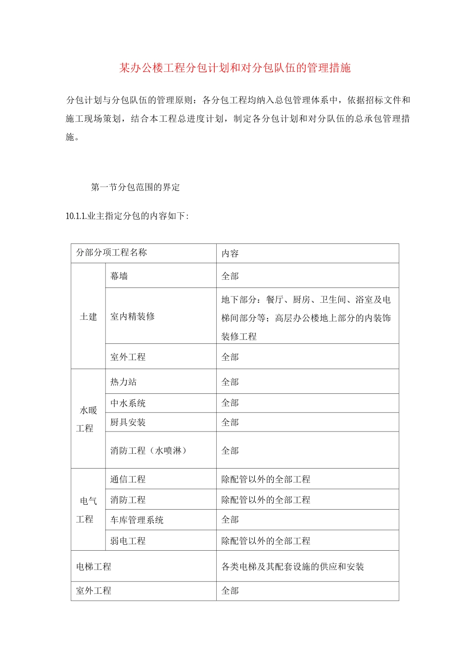 某办公楼工程分包计划和对分包队伍的管理措施_第1页