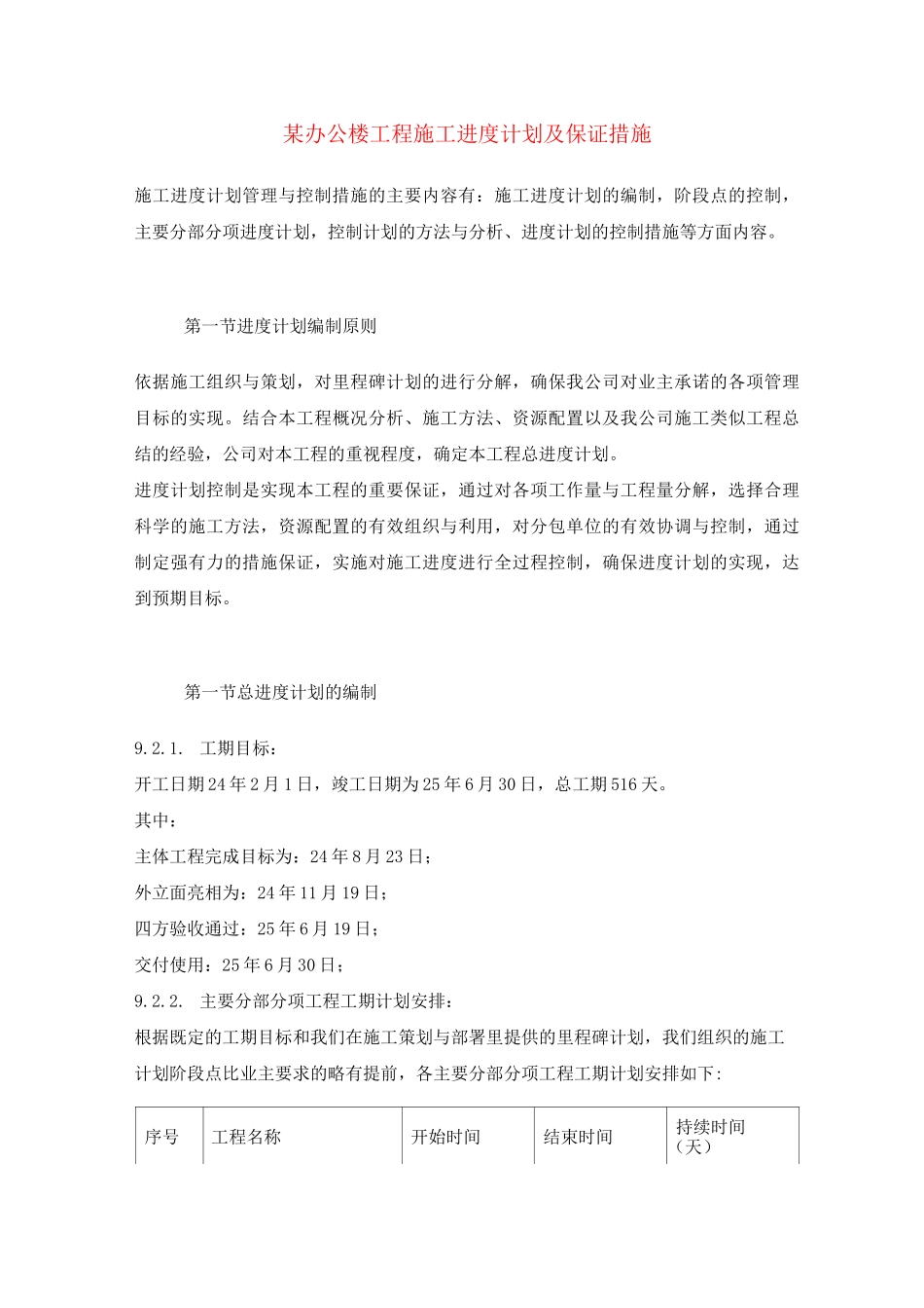 某办公楼工程施工进度计划及保证措施_第1页