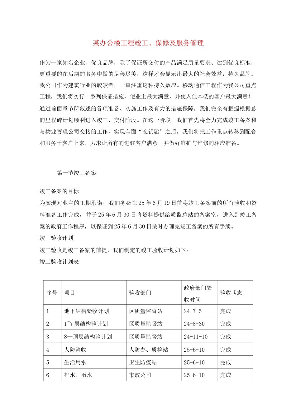 某办公楼工程竣工、保修及服务管理_第1页