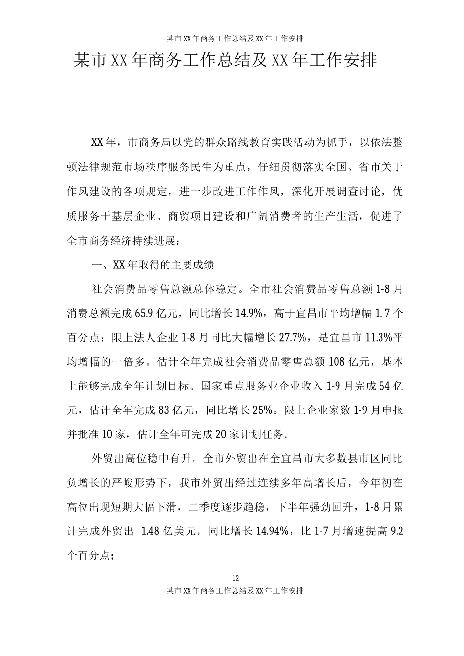 某市XX年商务工作总结及XX年工作安排_第1页