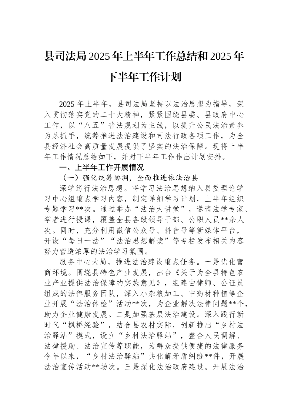 县司法局2025年上半年工作总结和2025年下半年工作计划_第1页