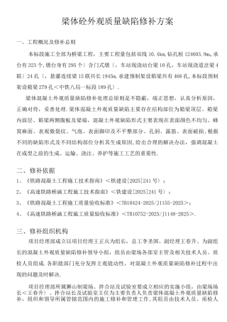 梁体混凝土外观质量缺陷修补方案说明