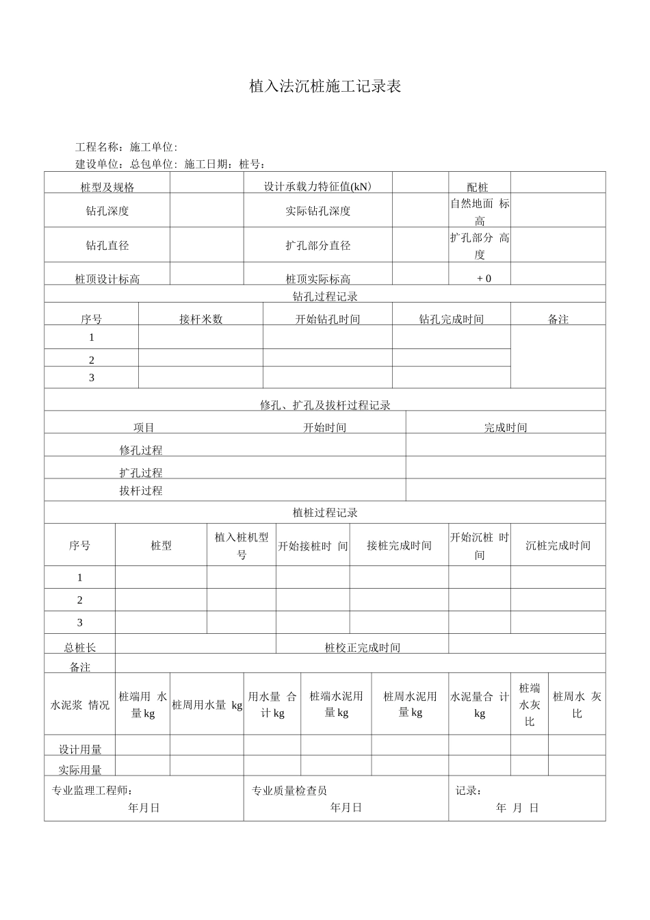 植入法沉桩施工记录表_第1页