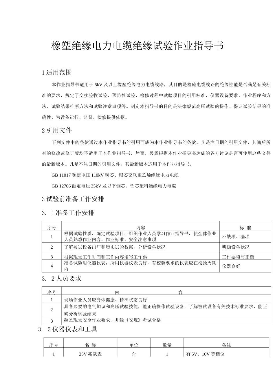 橡塑绝缘电力电缆绝缘试验作业指导书_第1页