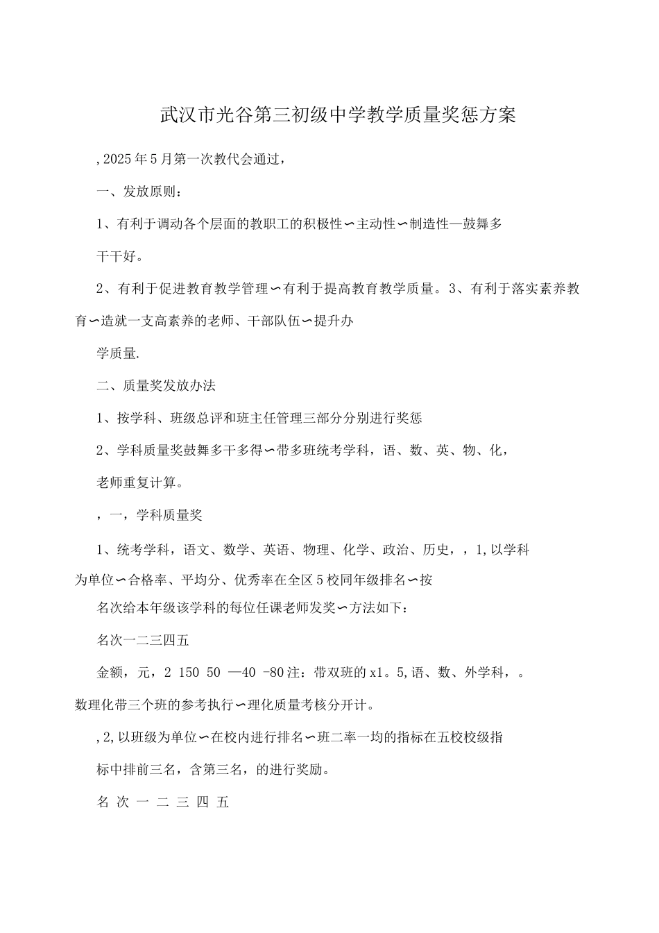 武汉市光谷第三初级中学教学质量奖惩方案_第1页