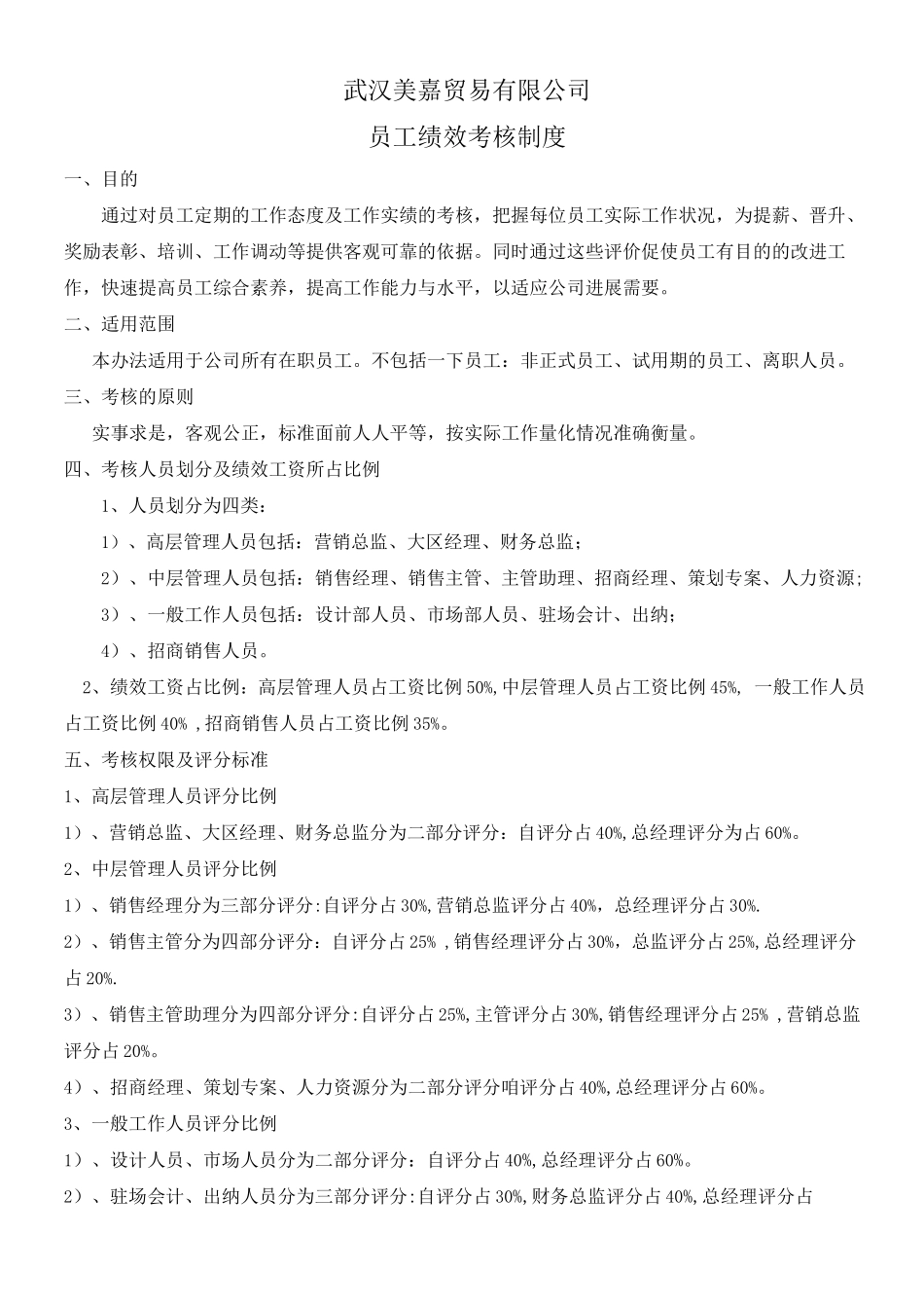 武汉美嘉贸易有限公司员工绩效考核方案_第1页