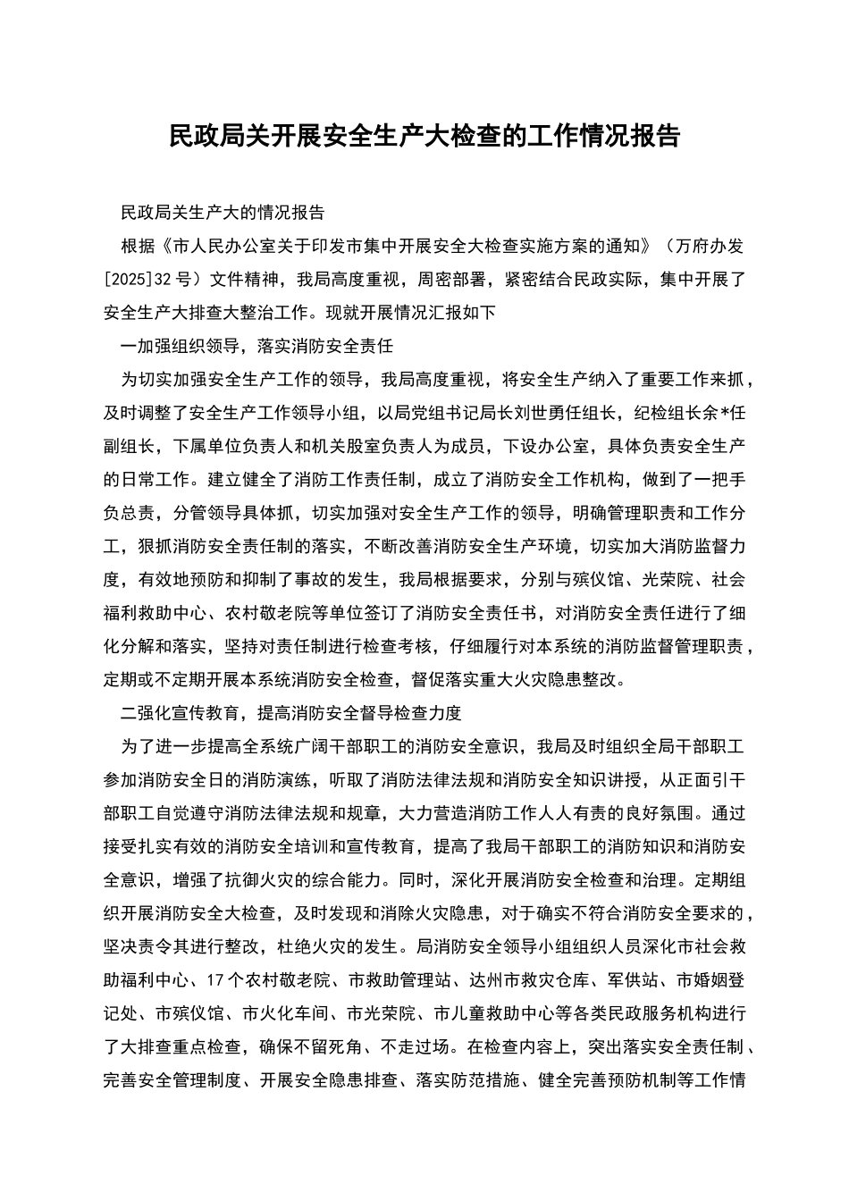民政局关开展安全生产大检查的工作情况报告_第1页