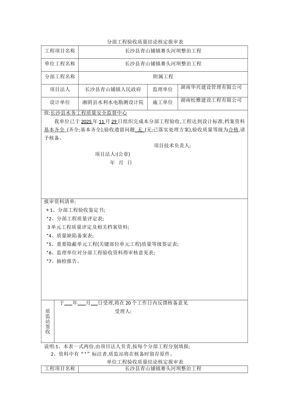 水利工程分部工程单位工程质量结论核备报审表_第1页