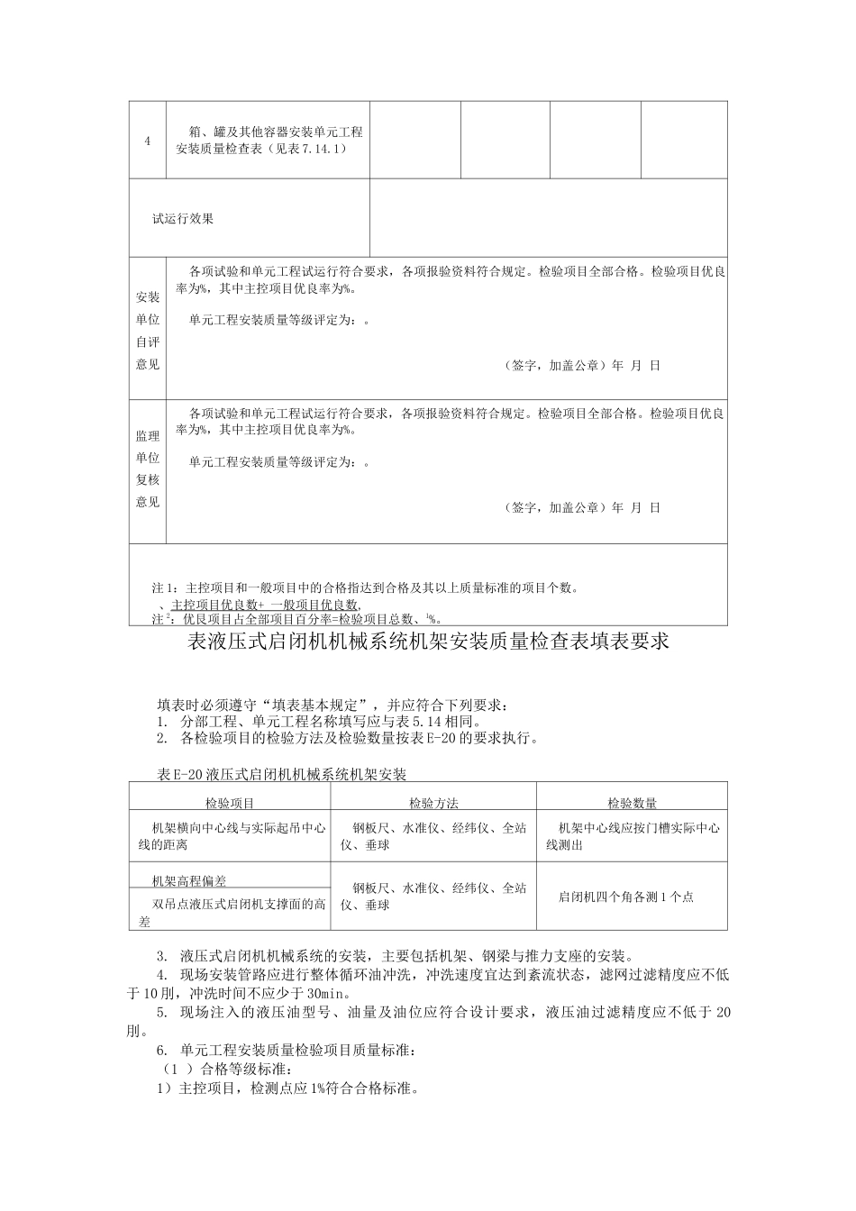 水利工程水工金属结构安装液压式启闭机单元工程安装质量验收评定表填表要求_第2页