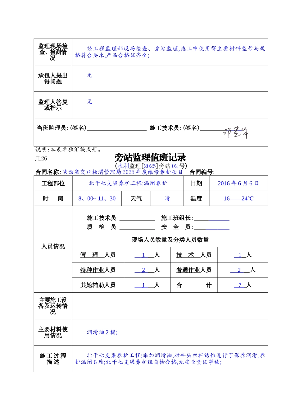 水利工程监理旁站值班记录_第2页