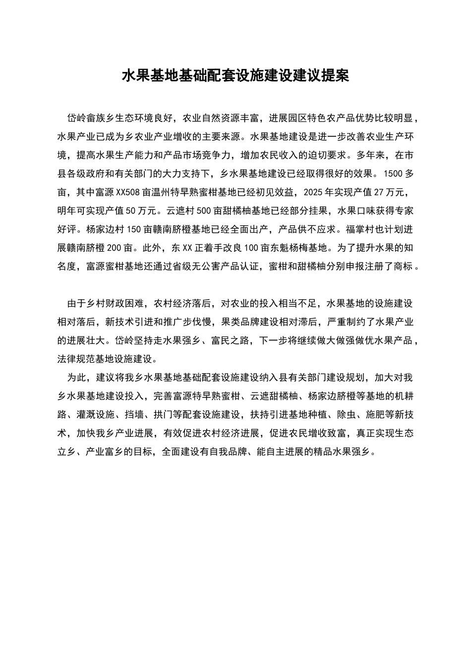 水果基地基础配套设施建设建议提案_第1页