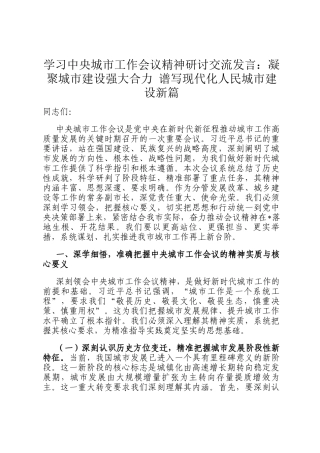 学习中央城市工作会议精神研讨交流发言：凝聚城市建设强大合力 谱写现代化人民城市建设新篇