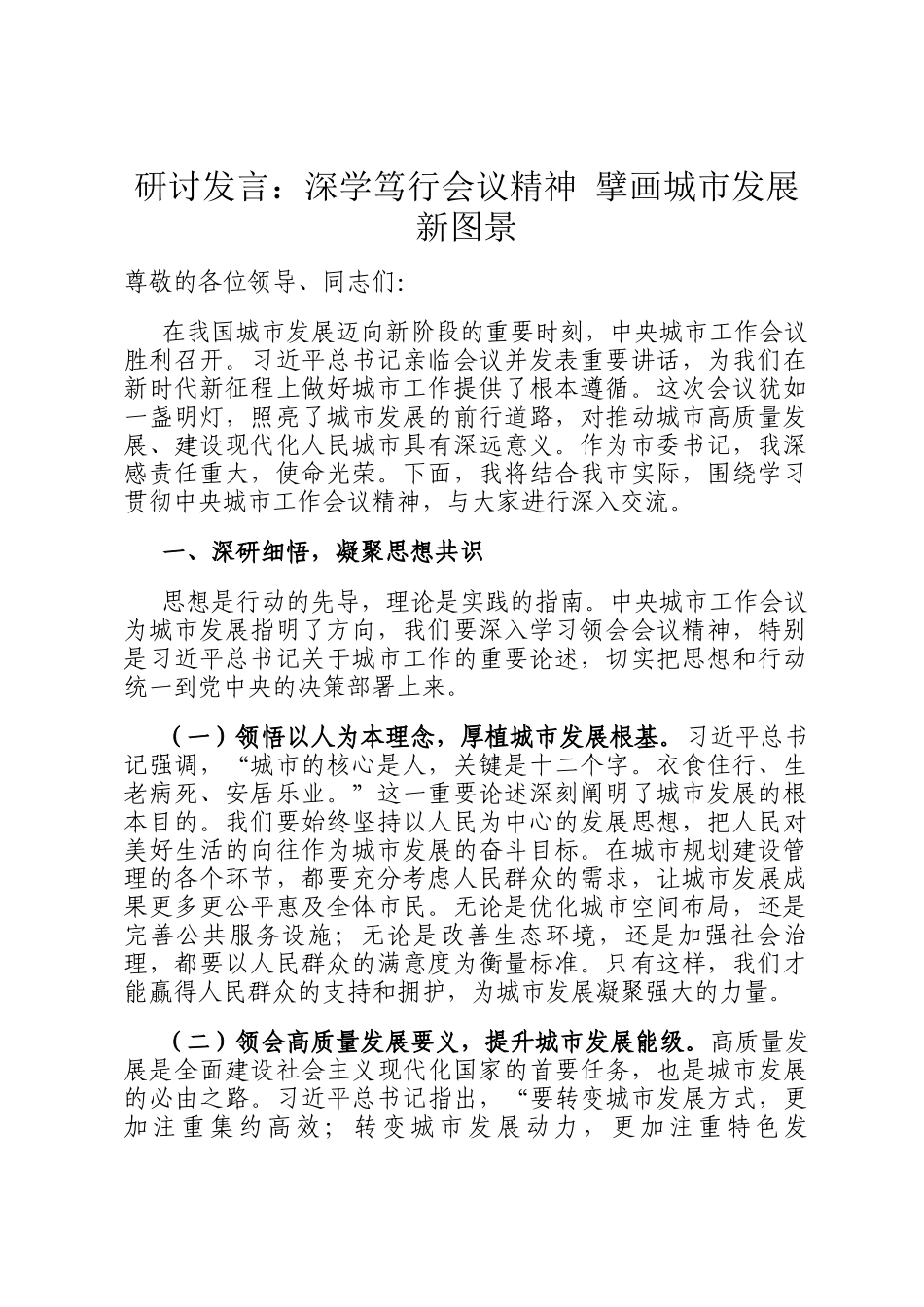 研讨发言：深学笃行会议精神 擘画城市发展新图景_第1页