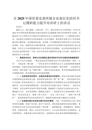 在2025年国资委党委所属企业基层党组织书记履职能力提升培训班上的讲话