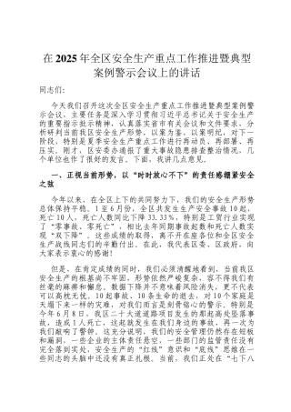 在2025年全区安全生产重点工作推进暨典型案例警示会议上的讲话