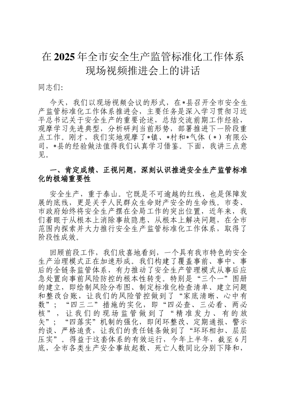 在2025年全市安全生产监管标准化工作体系现场视频推进会上的讲话_第1页