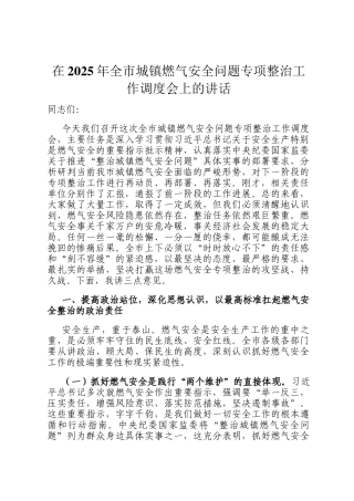在2025年全市城镇燃气安全问题专项整治工作调度会上的讲话