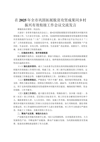 在2025年全市巩固拓展脱贫攻坚成果同乡村振兴有效衔接工作会议交流发言