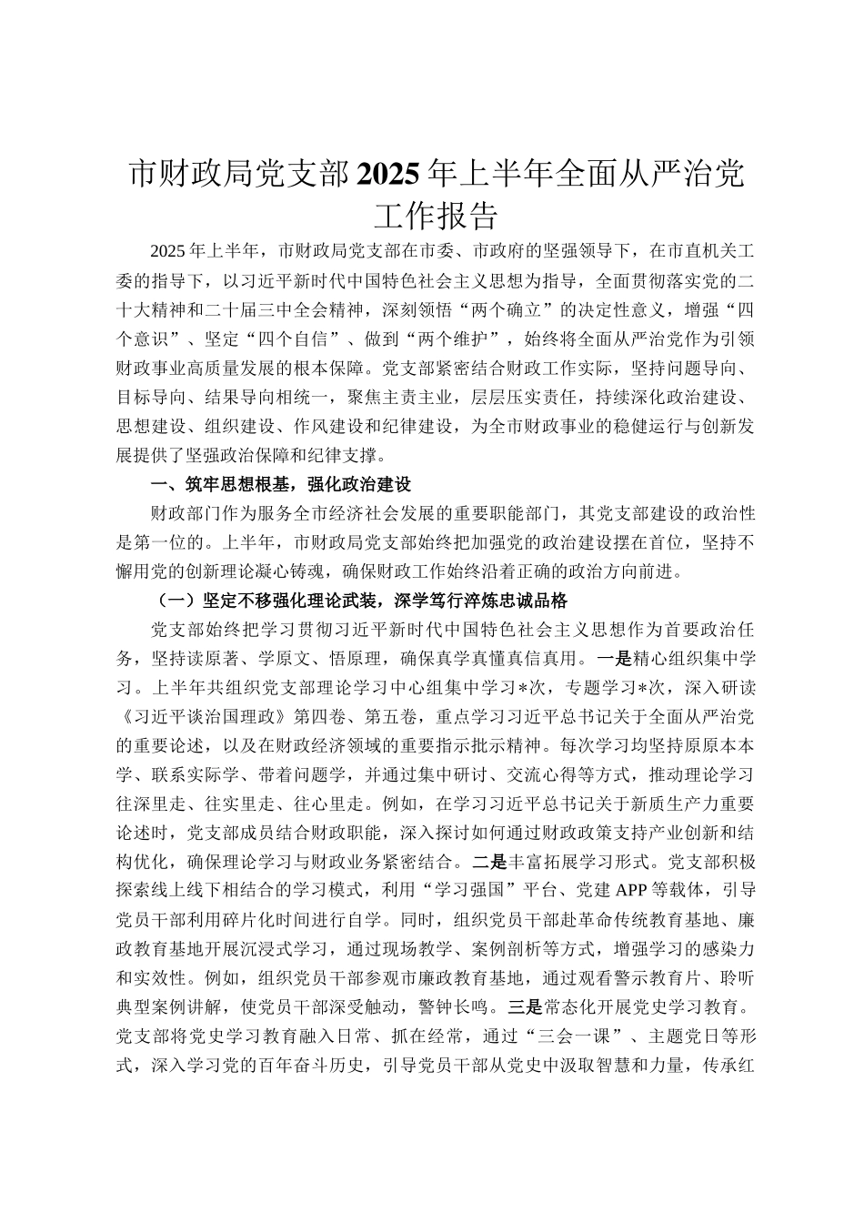市财政局党支部2025年上半年全面从严治党工作报告_第1页