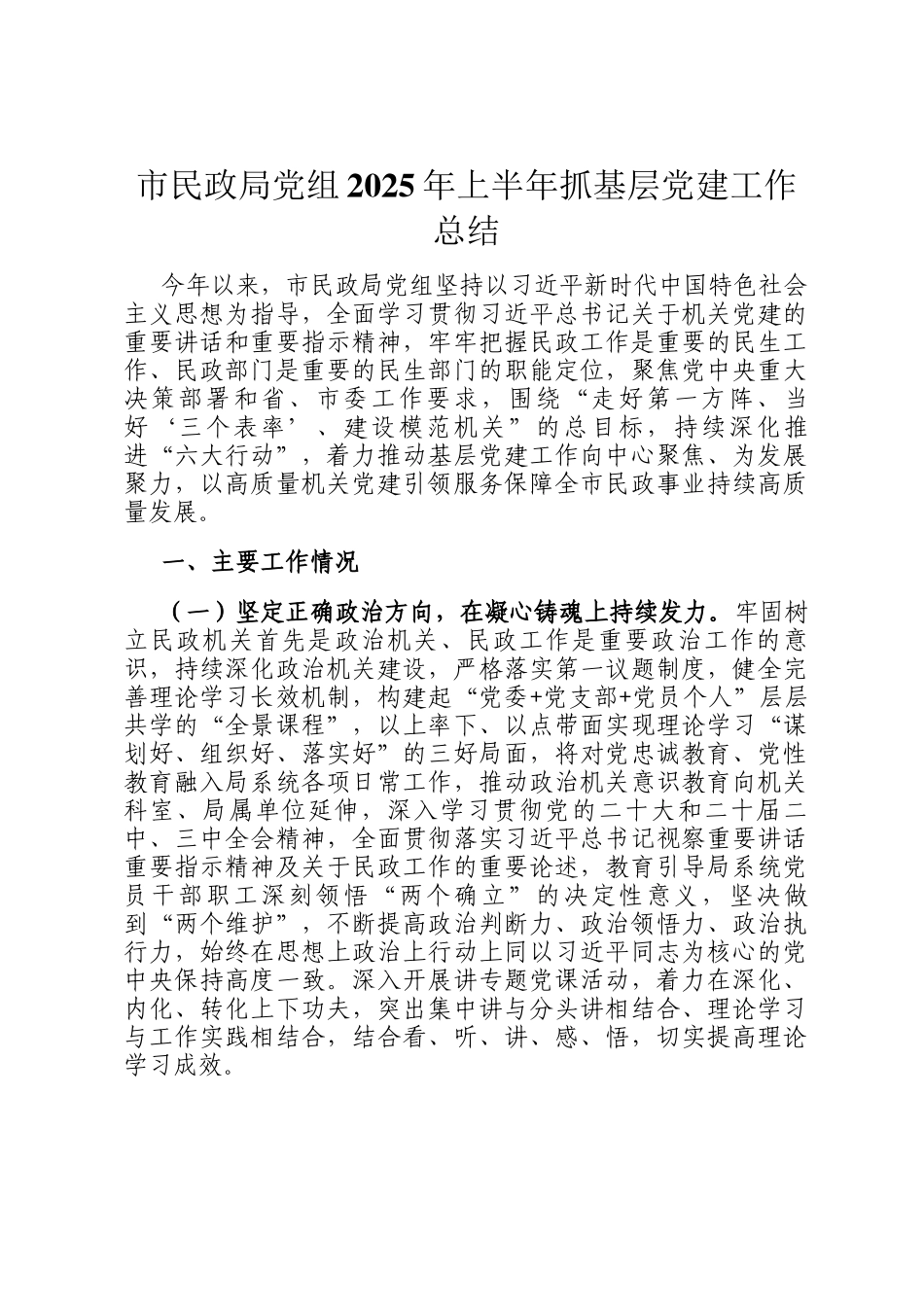 市民政局党组2025年上半年抓基层党建工作总结_第1页