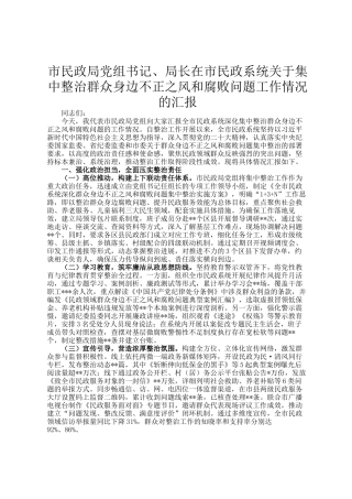 市民政局党组书记、局长在市民政系统关于集中整治群众身边不正之风和腐败问题工作情况的汇报